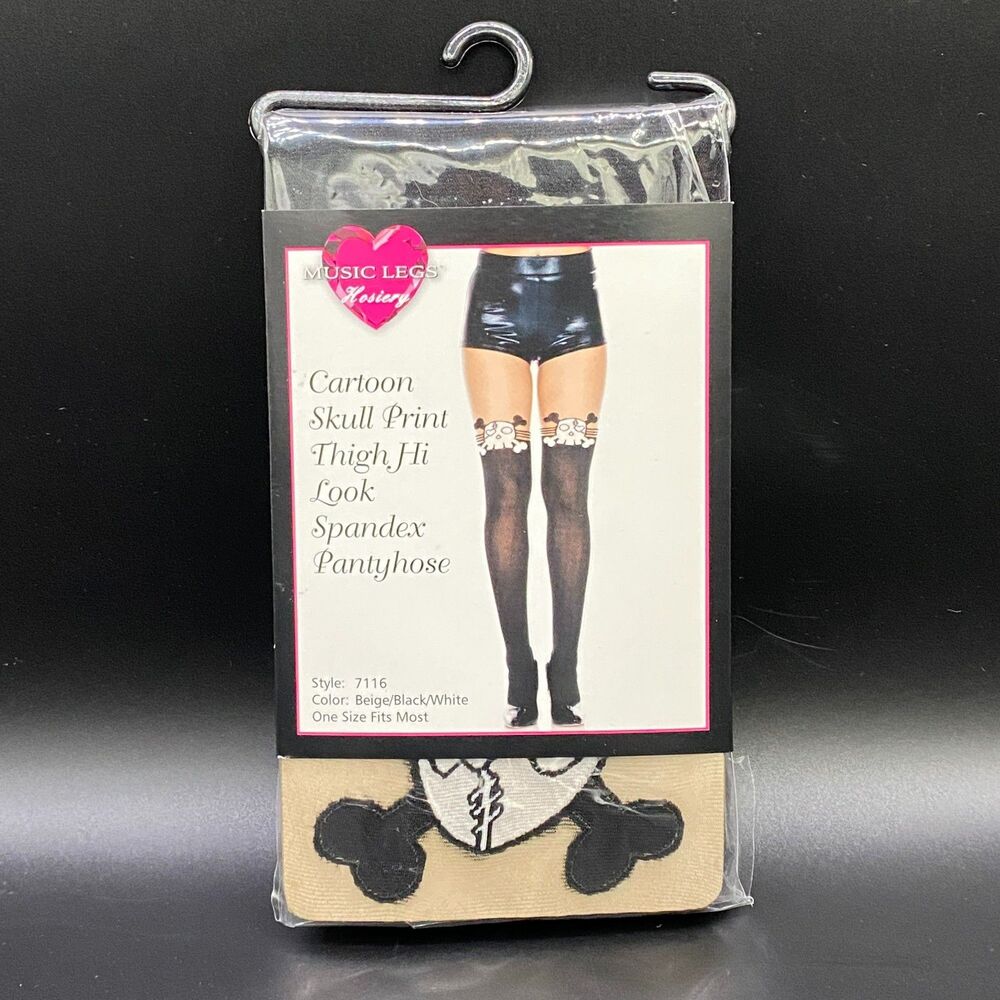 Music Legs Cartoon Skull Print Thigh-High Look Pantyhose One Size Fits Most